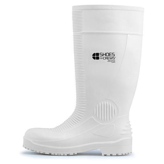 The Guardian White from Shoes For Crews are waterproof Wellington boots that offer superior slip resistance on a variety of pavement surfaces, seen from the left.