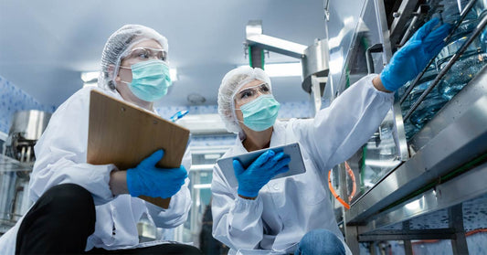 Two quality control employees with tablets and clipboards assessing bottled water production
