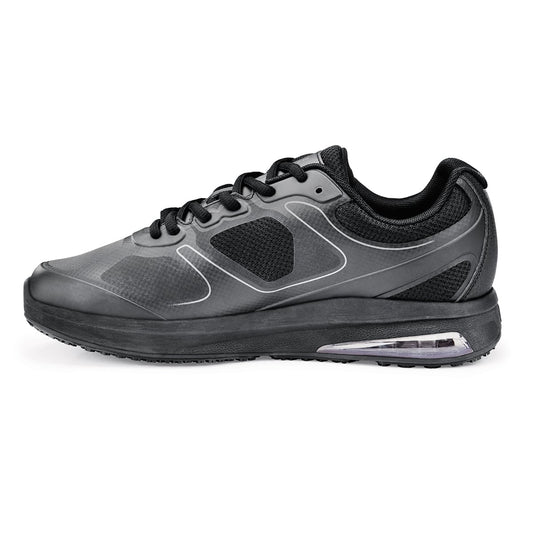 The Evolution II Black from Shoes For Crews are slip-resistant and water-resistant trainers, seen from the left.