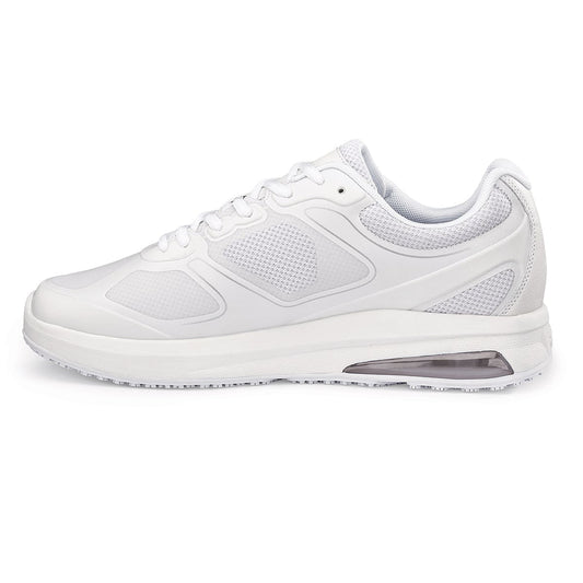 The Evolution II White from Shoes For Crews are slip-resistant and water-resistant trainers, seen from the left.