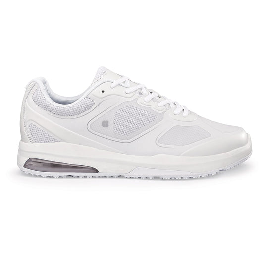The Evolution II White from Shoes For Crews are slip-resistant and water-resistant trainers,  seen from the right.
