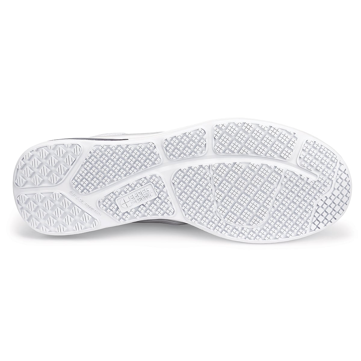The Evolution II White from Shoes For Crews are slip-resistant and water-resistant trainers,  seen from below.