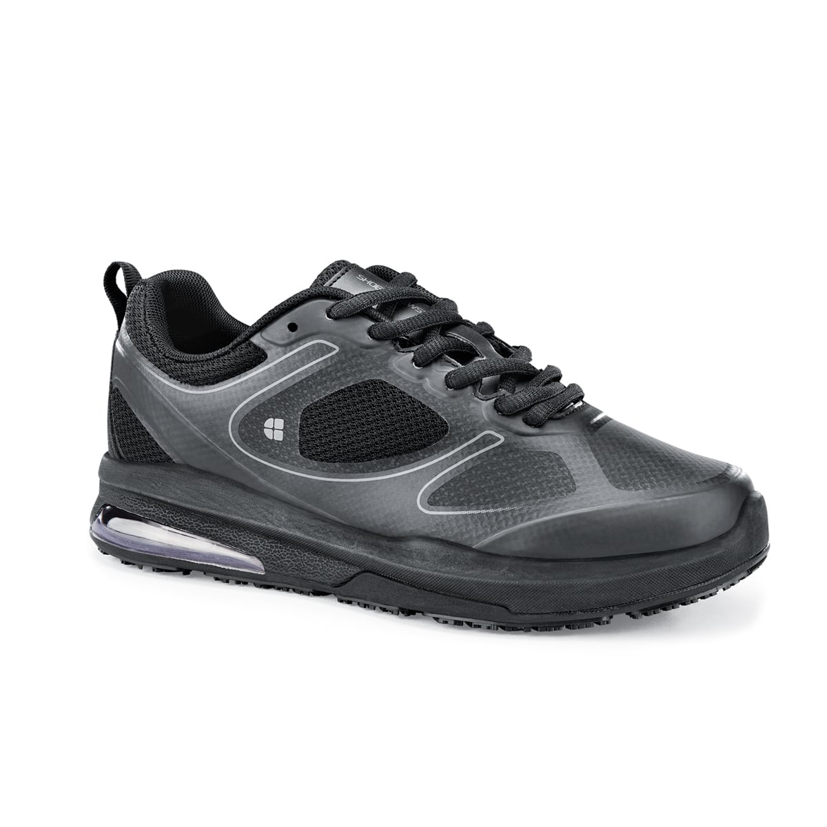 The Revolution II Black from Shoes For Crews are slip-resistant trainers designed to provide comfort, seen from the left profile.