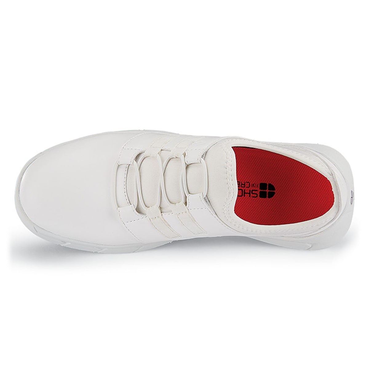 The Karina White by Lila from Shoes For Crews are black slip-resistant trainers that are lightweight and have Flex Tread technology, seen from above.