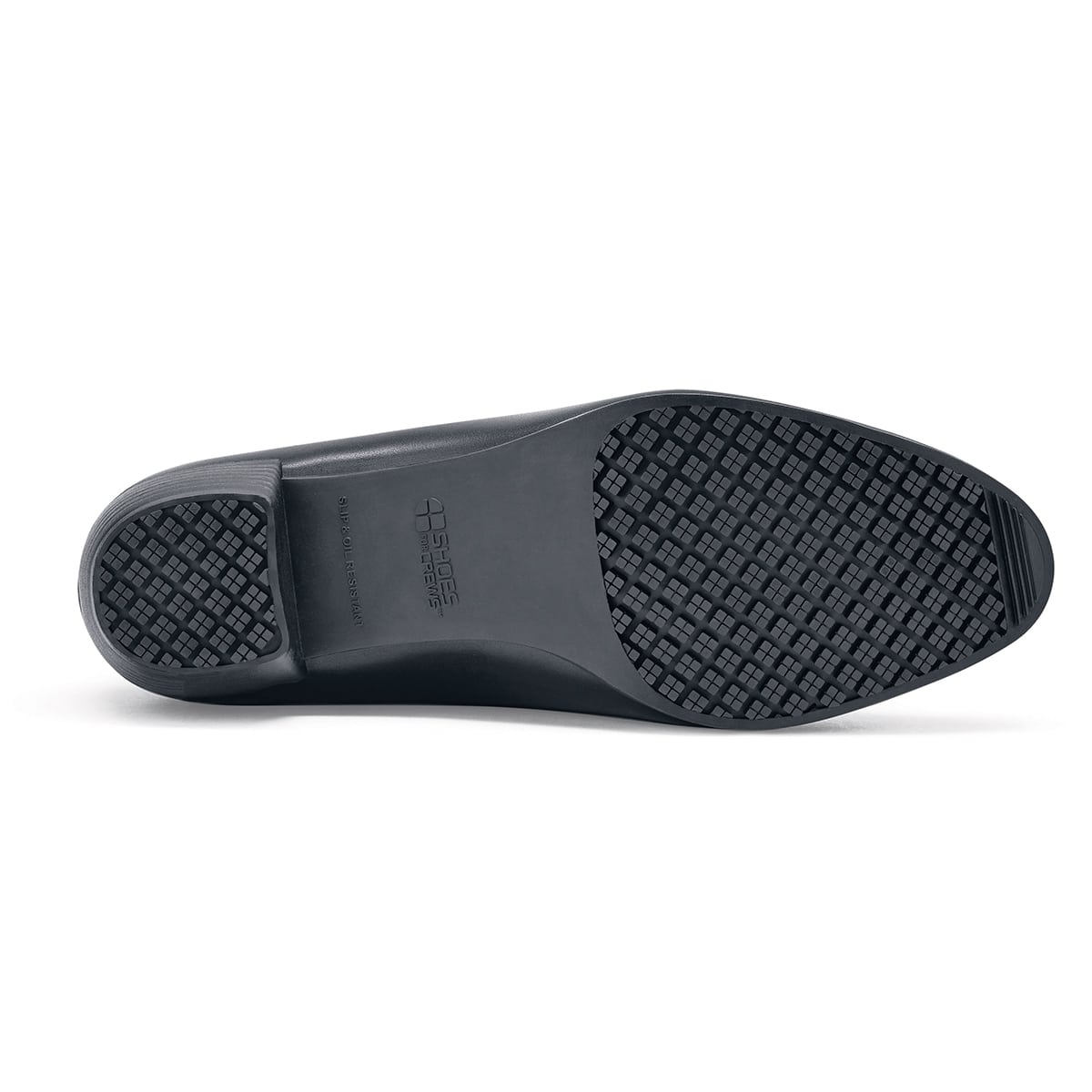 The Envy III Wide from Shoes For Crews is a slip-resistant shoe made with a durable, water-resistant leather upper, seen from below.