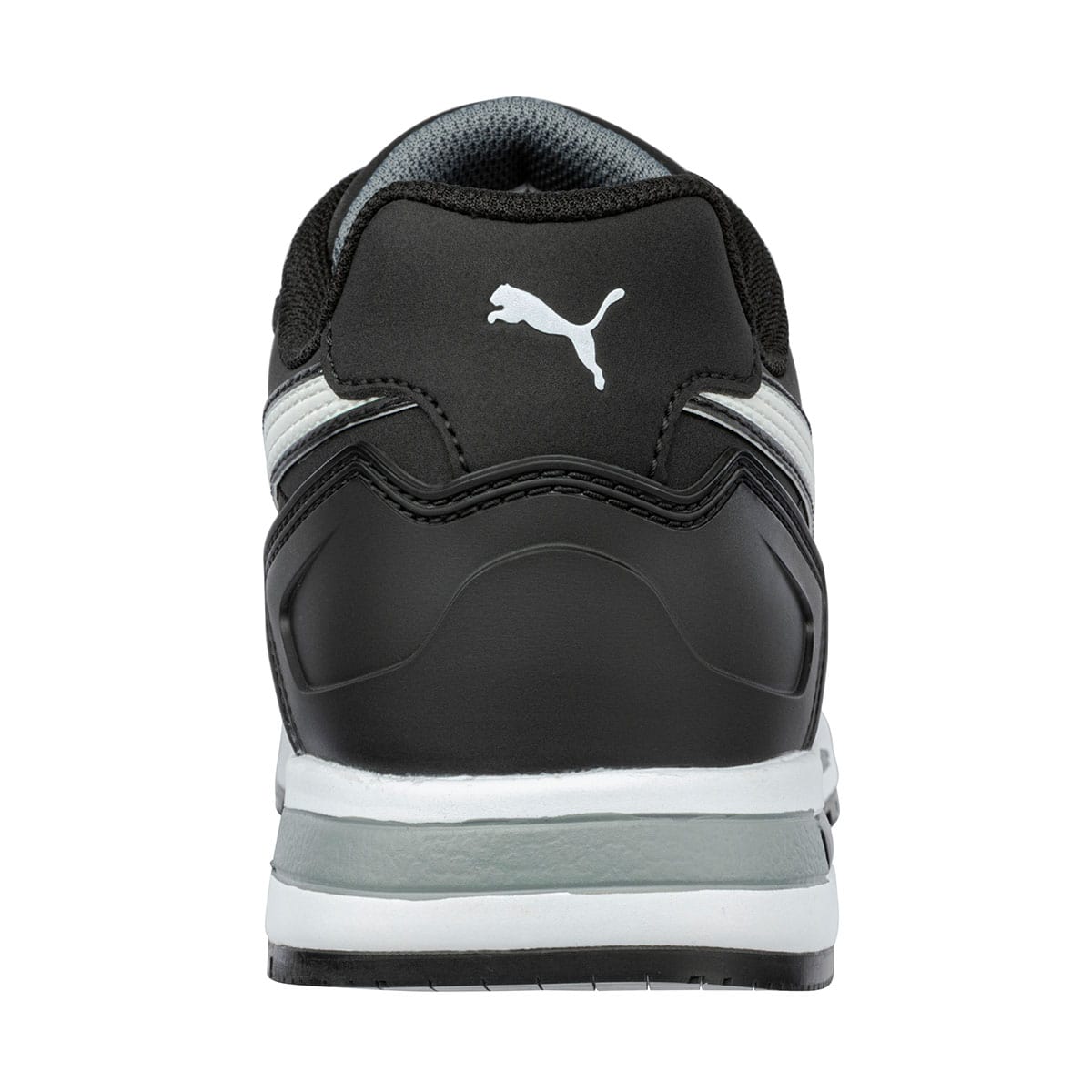Black slip resistant shoe with composite toe cap (200 joules), back view.