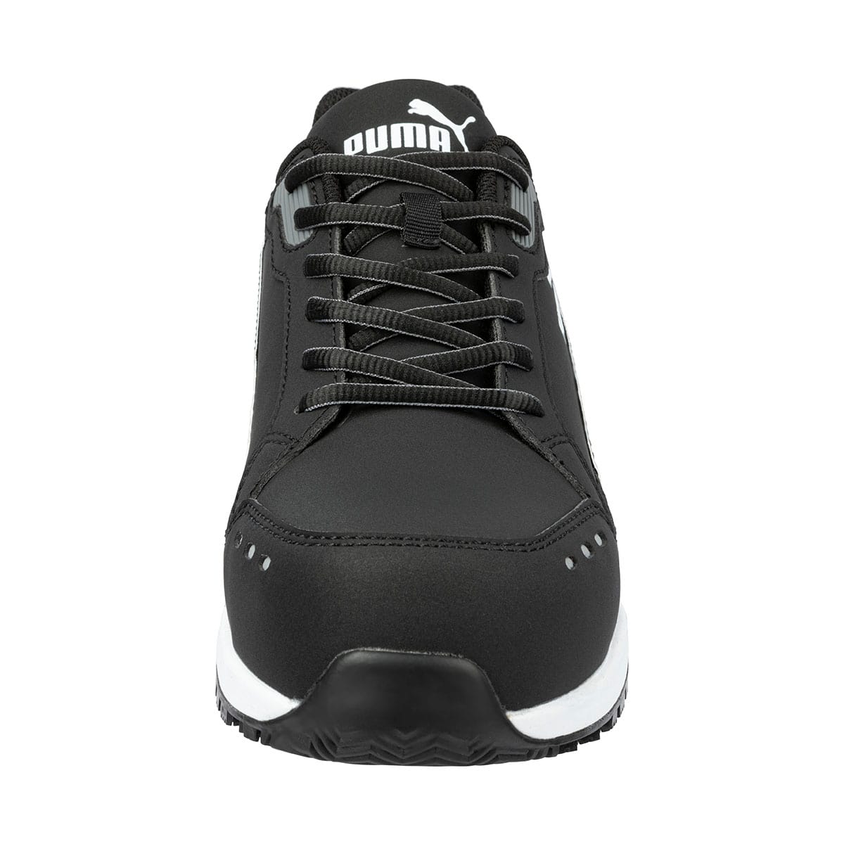 Black slip resistant shoe with composite toe cap (200 joules), front view.