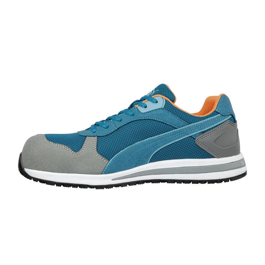 The Frontside Blue Low from Puma Safety X Shoes For Crews are slip-resistant safety shoes with a clog-resistant outsole and composite-fiberglass toe cap, seen from the left.
