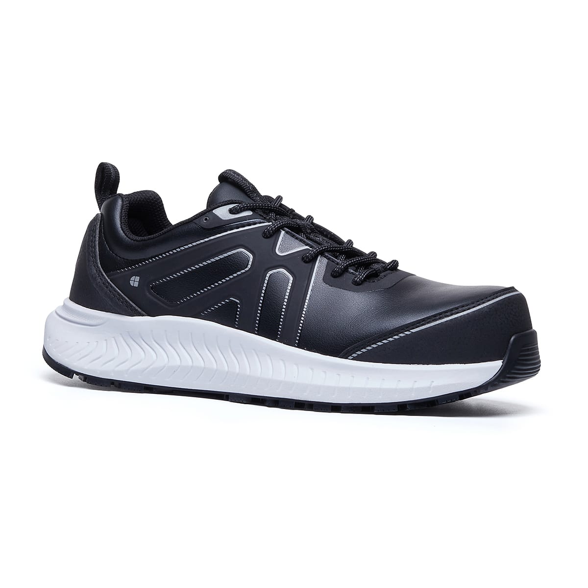 The Colly Black from Shoes For Crews has a slip-resistant, clog-resistant sole with TripGuard technology, a nanocomposite toecap (200 joules) and removable cushioned insoles, seen from the right profile.