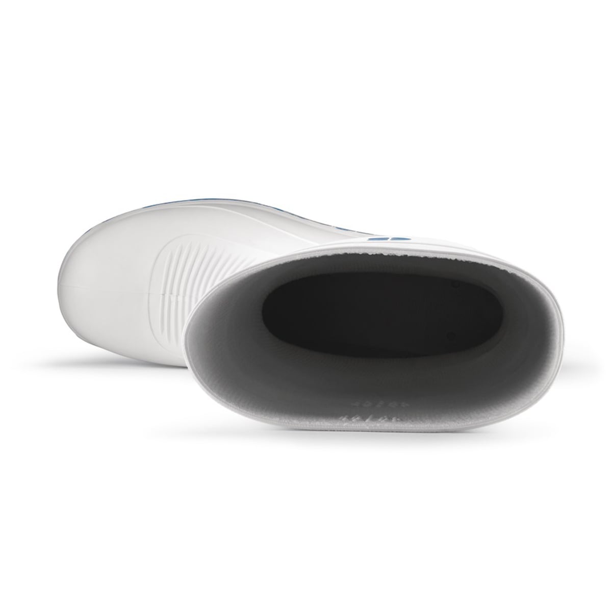 Slip resistant white wellington boot with steel toe cap (200 Joules) and water resistant upper, seen from above.