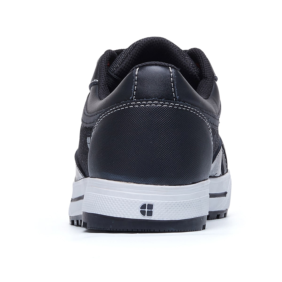 The Fergus Denim from Shoes For Crews is an slip-resistant safety shoe with a waterproof leather upper and a nanocomposite toe cap (200 joules), seen from the back.