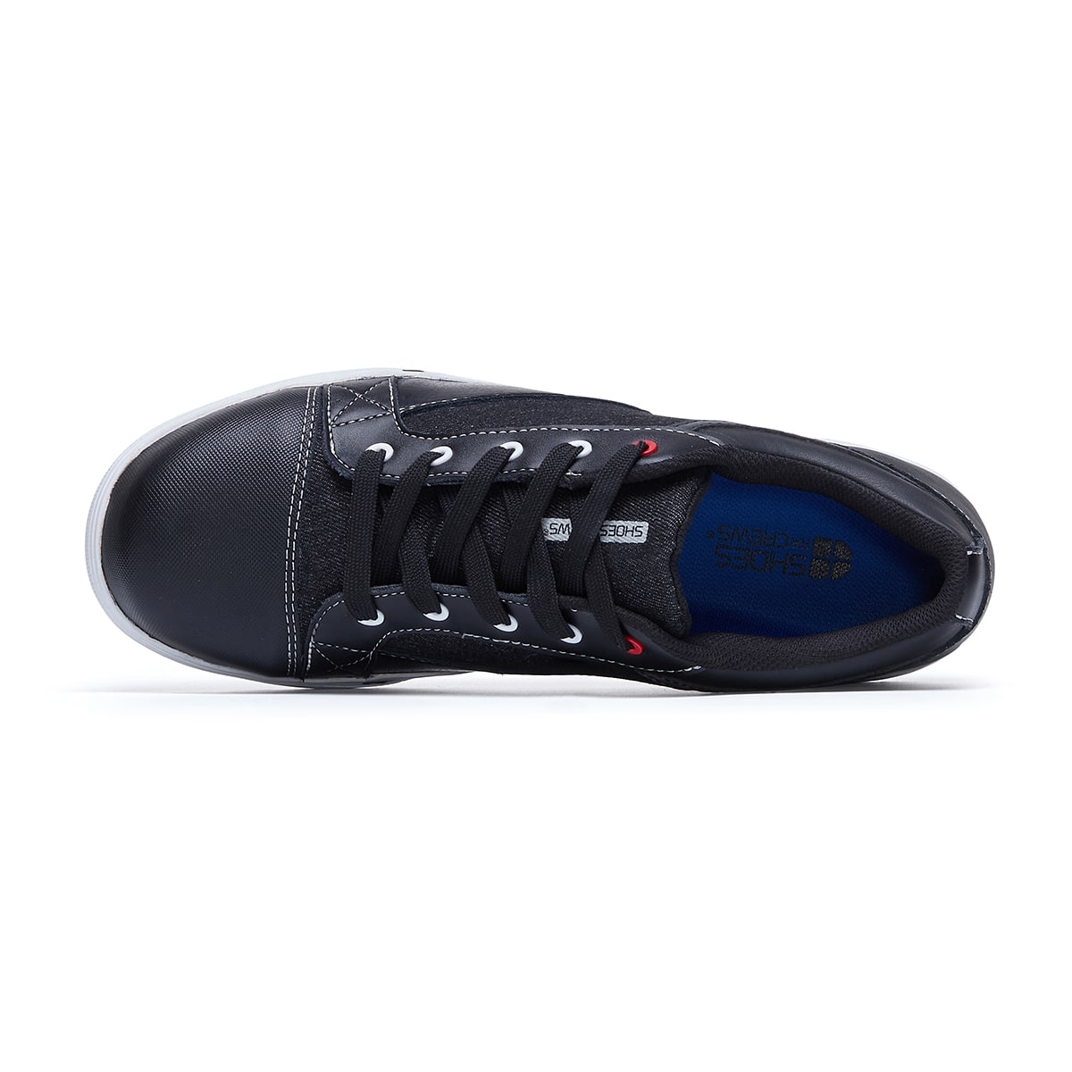 The Fergus Denim from Shoes For Crews is an slip-resistant safety shoe with a waterproof leather upper and a nanocomposite toe cap (200 joules), seen from above.