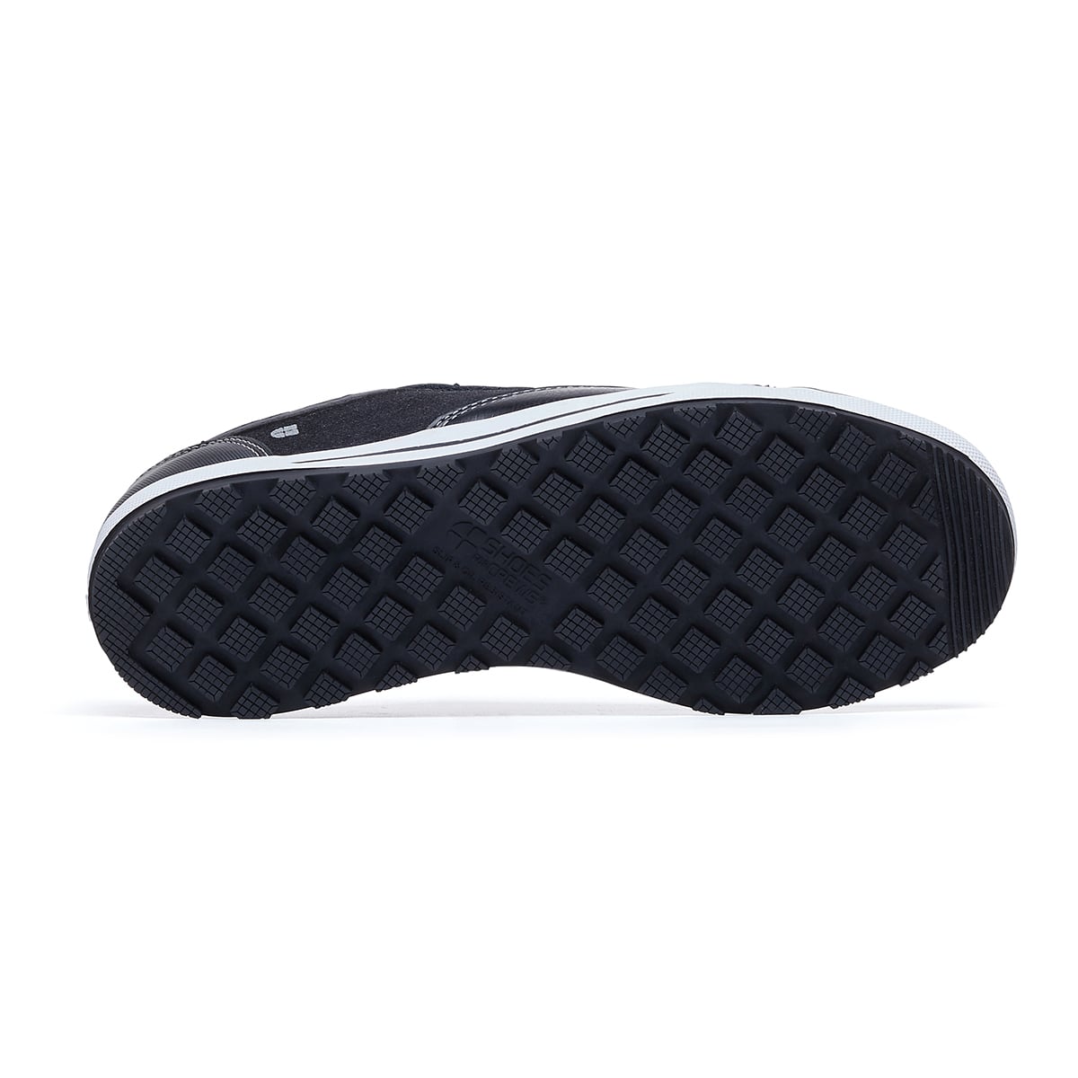 The Fergus Denim from Shoes For Crews is an slip-resistant safety shoe with a waterproof leather upper and a nanocomposite toe cap (200 joules), seen from below.