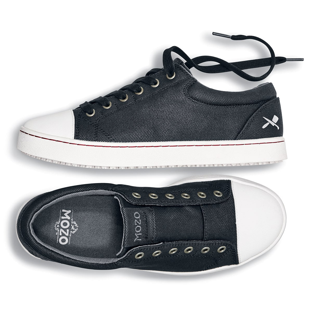 Mzo's Grind for Shoes For Crews are slip-resistant, vegan and water-resistant trainers, seen horizontally from above and from the side.