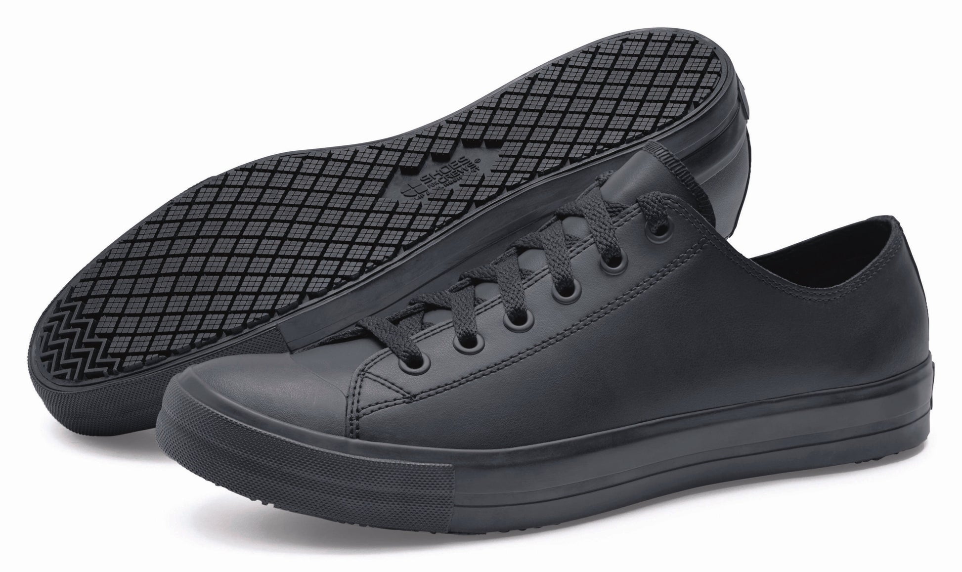 The Delray from Shoes For Crews is a lace-up shoe that has a slip-resistant upper sole with a tapered edge to prevent the risk of trips and falls, pair seen from the left and bottom.