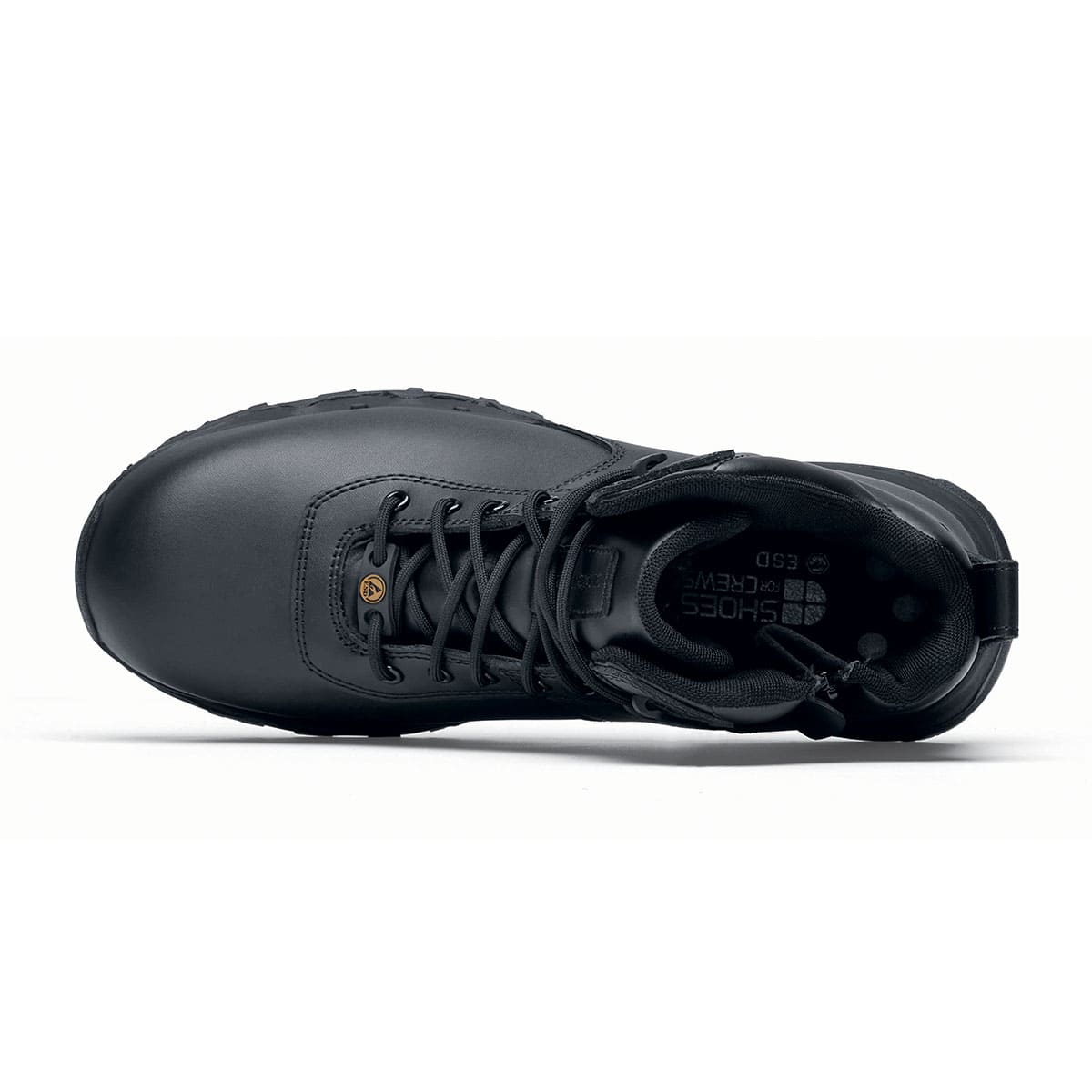 The Guard Mid from Shoes For Crews are waterproof slip-resistant safety boots with a safety toe cap, seen from above.