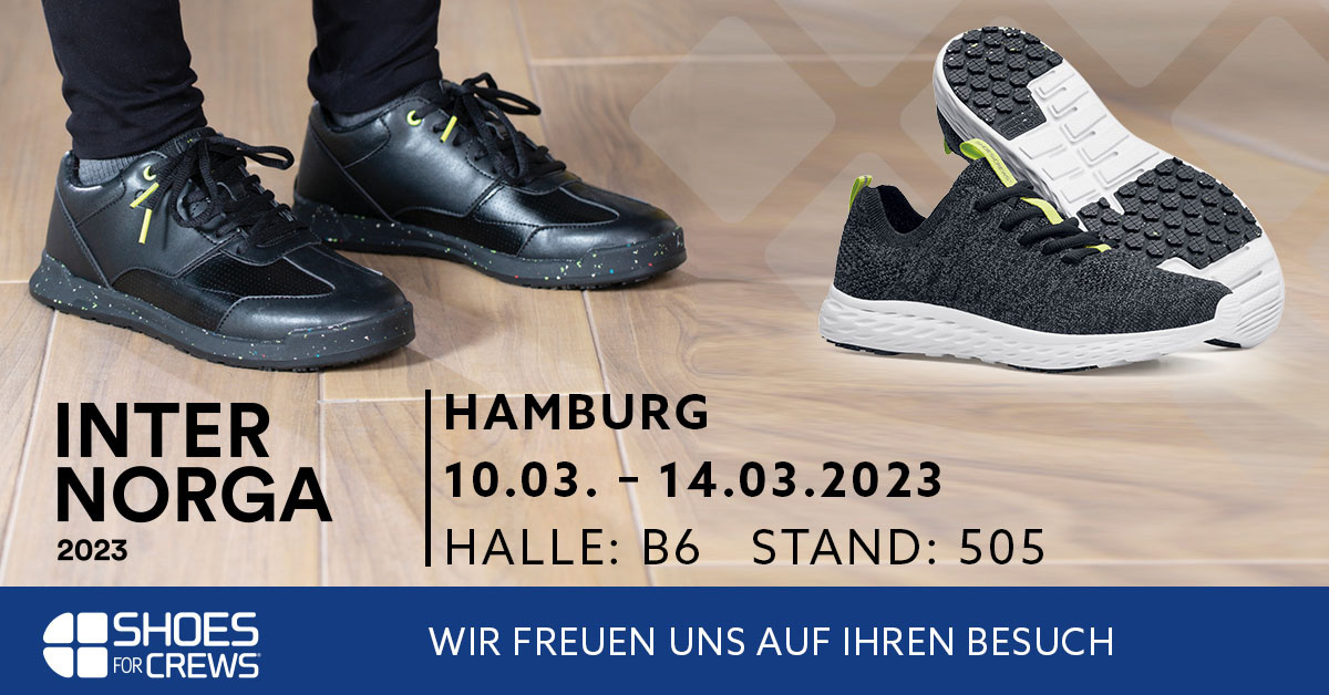 Shoes For Crews stellt die neuesten Trends für Arbeits- und Sicherheitsschuhe auf der INTERNORGA 2023 vor, kommen Sie uns besuchen!