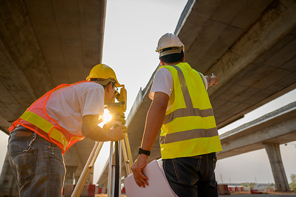 Two construction workers with safety gear surveying and assessing the area between two overpasses